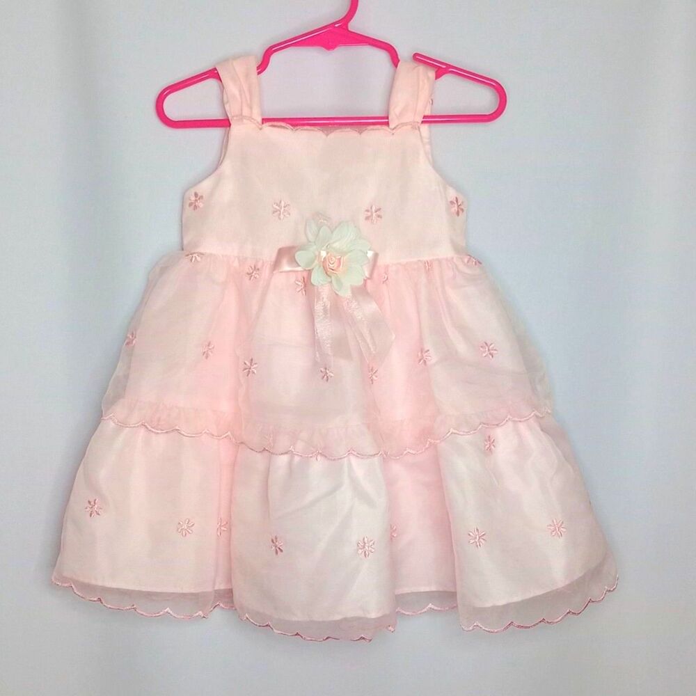 Bonnie Baby Tiered Party Dress Embroidery Bow Slvlss Pale Pink Infant Girl 12 mo